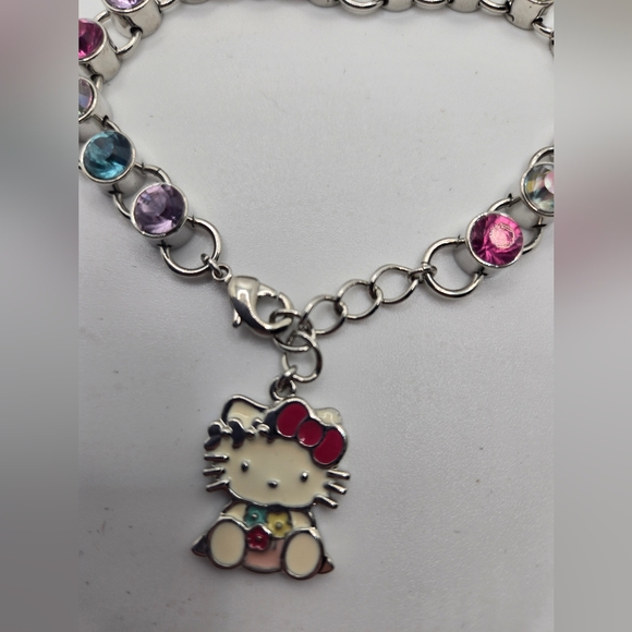 Hello Kitty Charm Bracelet Rhinestone Sanrio with Box Enamel Silvertone Gift - Picture 3 of 11